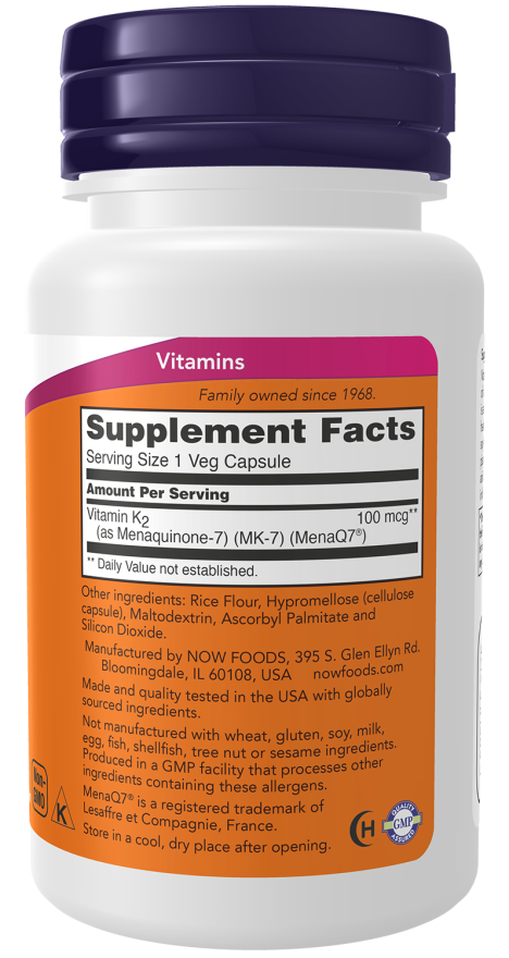 MK-7 Vitamin K-2 100 mcg - 60 Veg Capsules Bottle Right