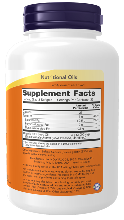 Flax Oil 1000 mg - 100 Softgels Bottle Right