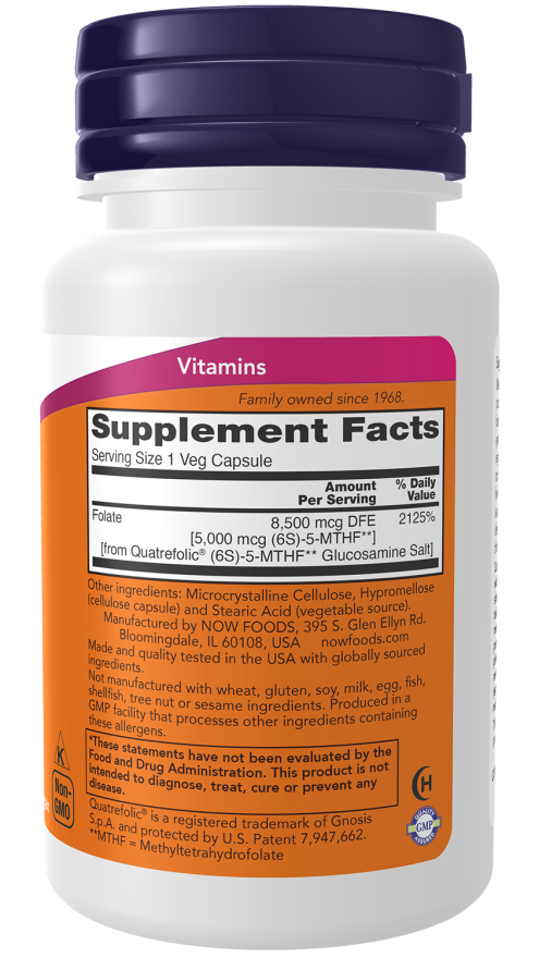 Methyl Folate 5000 mcg - 50 Veg Capsules bottle right