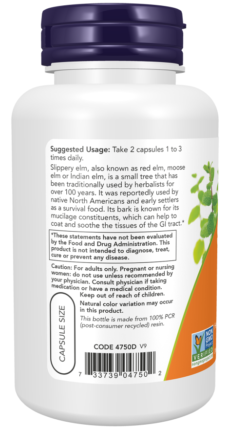 Slippery Elm 400 mg - 100 Veg Capsules Bottle Left
