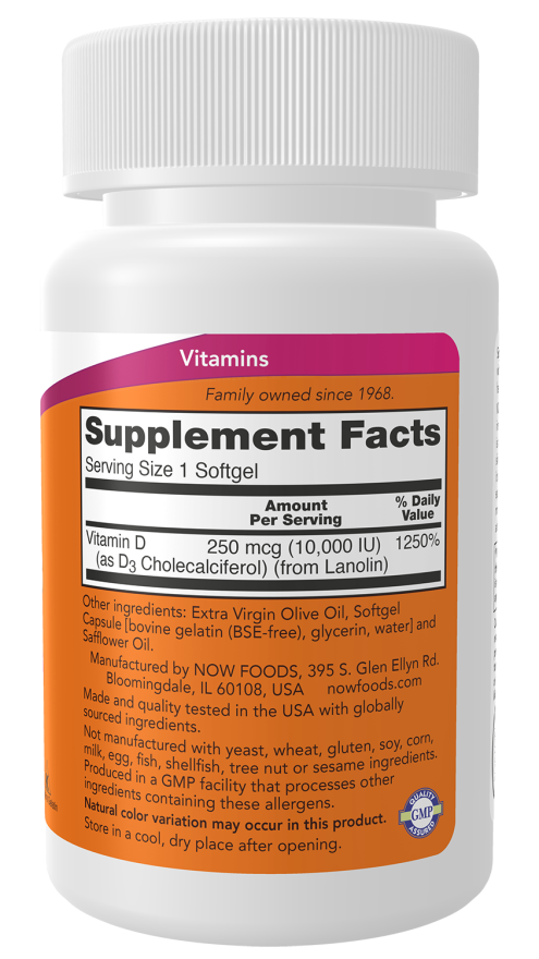 Vitamin D-3 10,000 IU - 30 Softgels Bottle Right