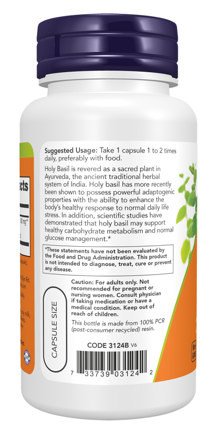 Holy Basil Extract 500 mg - 90 Veg Capsules Bottle Left