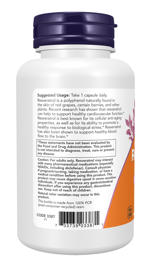 Resveratrol, Maximum Strength 600 mg - 60 Veg Capsules Bottle Left
