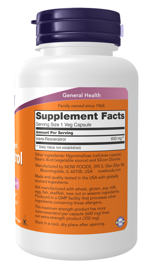 Resveratrol, Maximum Strength 600 mg - 60 Veg Capsules Bottle Right