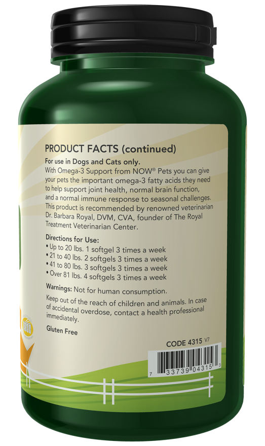 Omega-3 Support - 180 Softgels for Pets Bottle Right