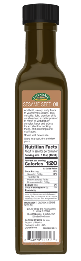 Extra Virgin Sesame Seed Oil, Organic - 8.45 fl. oz. Bottle Back