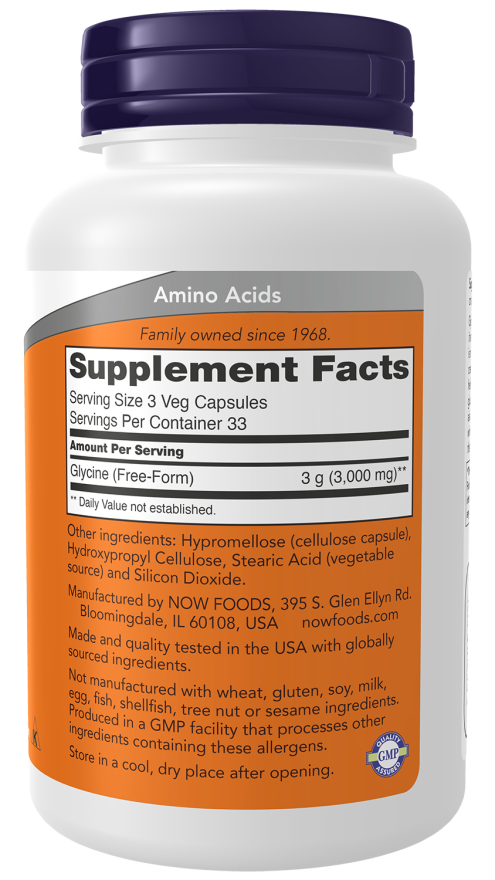 Glycine 1000 mg - 100 Veg Capsules Bottle Right