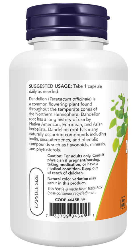 Dandelion Root 500 mg - 100 Veg Capsules Bottle Left