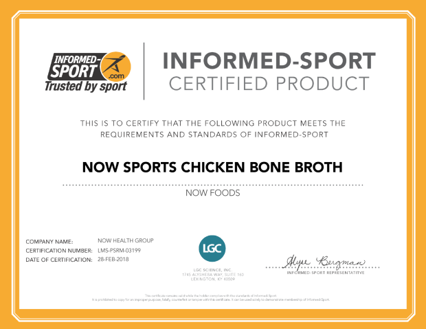 informed-Sport Certified Product Certificate NOW Sports Chicken Bone Broth