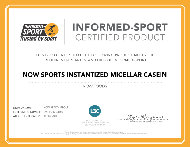 informed-Sport Certified Product Certificate NOW Sports Instantized Micellar Casein