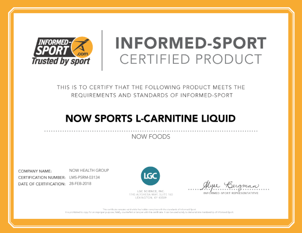 informed-Sport Certified Product Certificate NOW Sports L-Carnitine Liquid