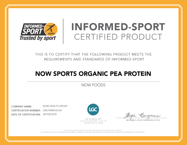 informed-Sport Certified Product Certificate NOW Sports Organic Pea Protein