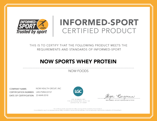 infomed-Sport Certified Product Certificate NOW Sports Whey Protein