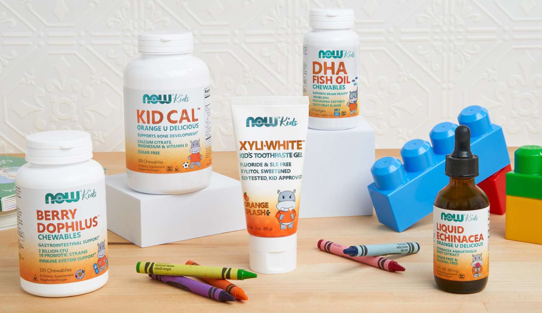 NOW Kids Products: Berry Dophilus, Kid Cal, Xyli-White, DHA Fish Oil and Liquid Echinacea. 