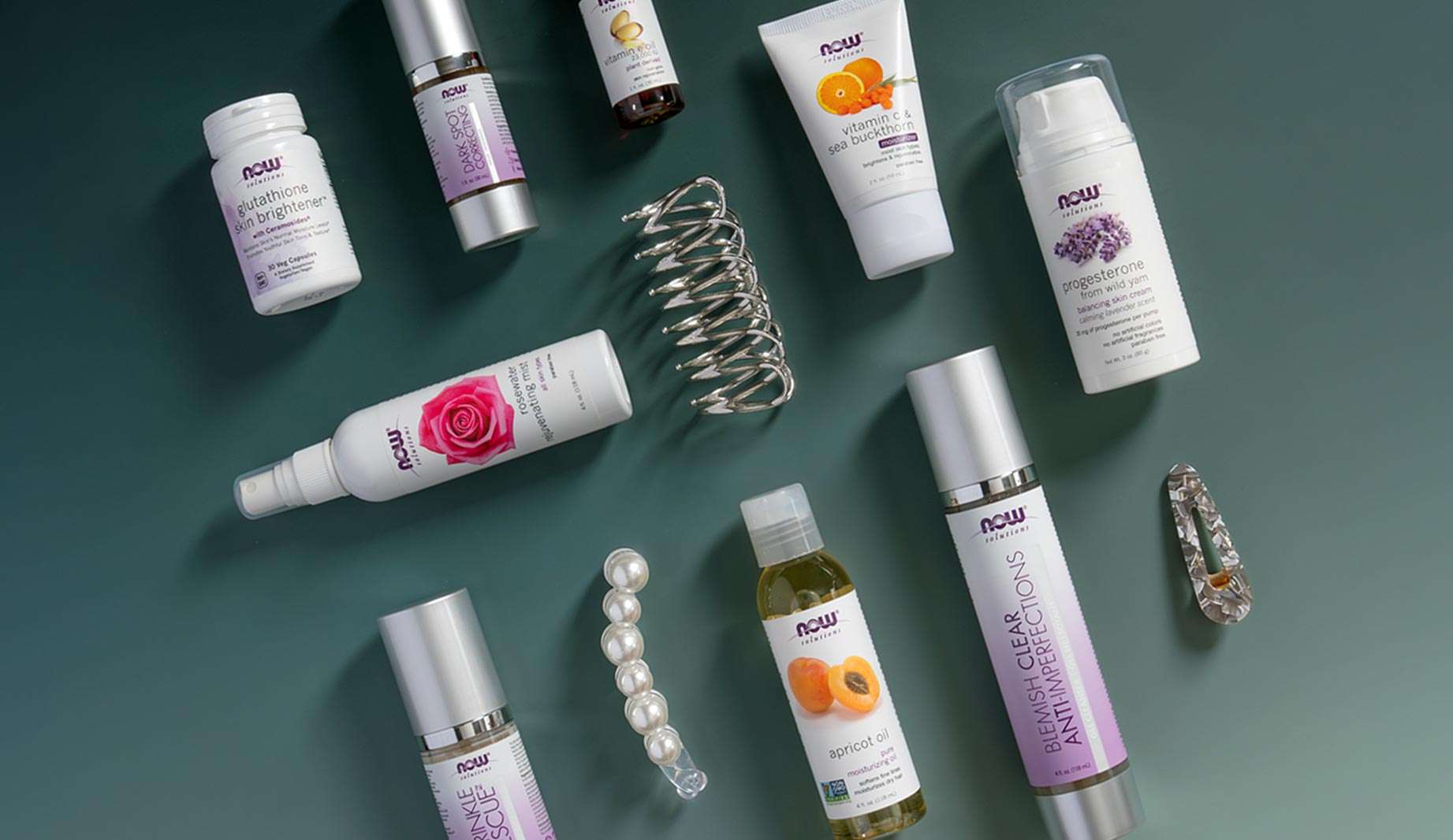 Group of NOW Solutions products including Glutathione skin brightener, Dark Spot correcting Cream, Vitamin C & Sea Buckthorn, Progesterone , Blemish Clear, Apricot Oil, Wrinkle Rescue and Rosewater 