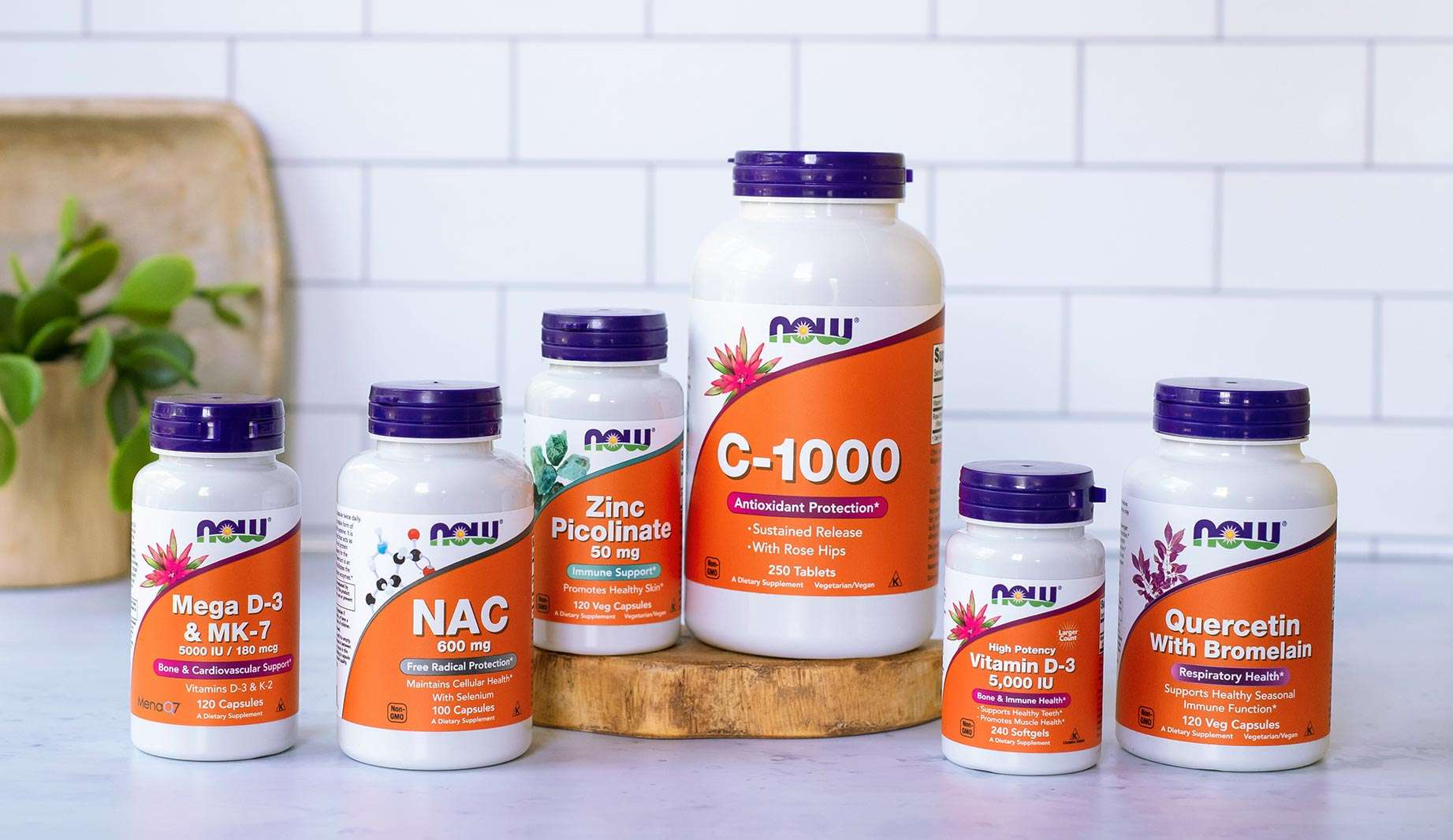 NOW Supplements Group Mega D-3 & MK-7, NAC, Zinc Picolinate, C-1000, Vitamin D-3, Quercetin With Bromelain. 