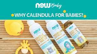 Teal bar across the top of theimage with NOW Baby logo and "Why calendula for babies?". Underneath this bar is an overhead image of NOW baby wash, NOW baby Lotion, and NOW baby oil.