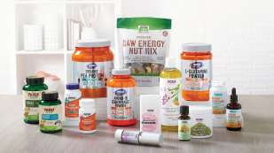 Group of NOW products including Pets, Supplements, Beauty & Health, Sports and Essential Oils