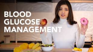 Blood Glucose Management webinar image a a female holding a peach and a donut, confused.