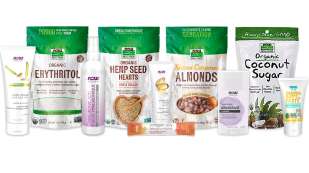 group of NOW products in bags, tubes, spray bottle and packets that are recyclable via Terracycle. 