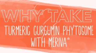 Text why take turmeric curcumin phytosome with meriva over an orange cream colored background
