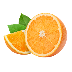one half slice and one quarter slice of an orange with two green leaves partially showing behind them