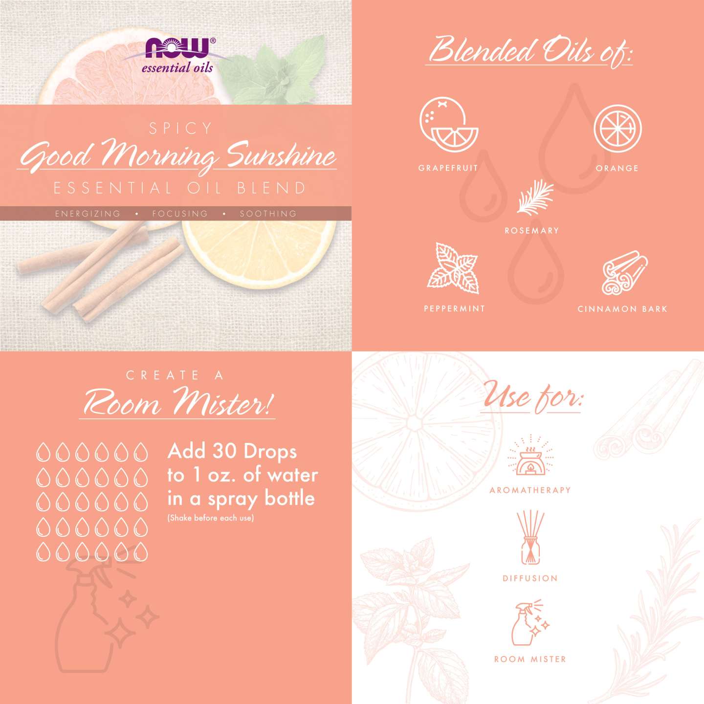graphic illustration of spicy essential oil Good Morning Sunshine on four square tiles alternating dark peach color and light/white