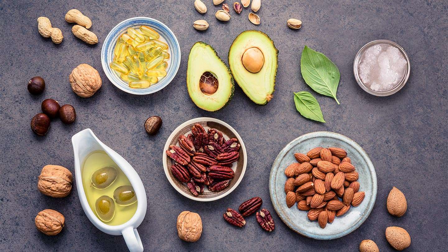 group of foods that are healthy fats including nuts, coconut oil, avocados. and Olive Oil. 