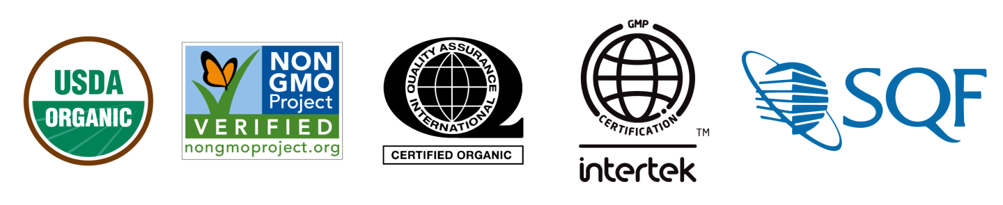 USDA Organic Logo, Non-GMO Verified Logo, Quality Assurance Logo, Intertek Logo and SQF logo