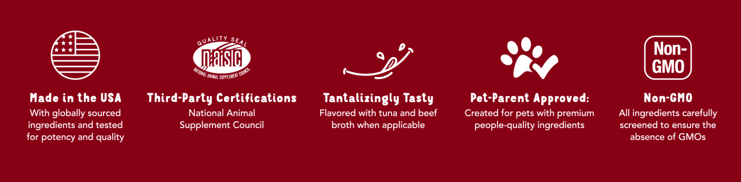 US Flag Icon, NASC Logo, Mouth Icon, Paw print with checkmark icon, NON-GMO logo