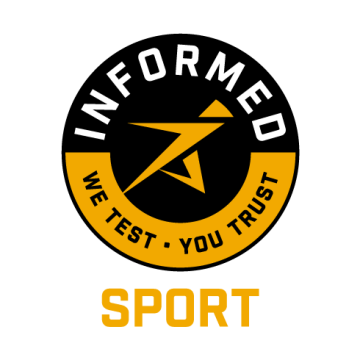 A logo for Informed Sport that reads &quot;Informed Sport. We test. You Trust.&quot; and uses a black and dark yellow color scheme with an abstract image of a person sprinting for imagery