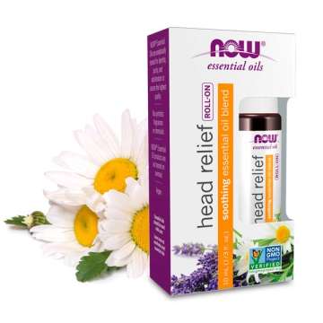 NOW Solutions Head Relief Roll On Oil with flowers behind the package