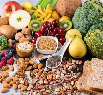 high fiber foods beans, nuts, seeds, fruit, vegetables, berries, etc.