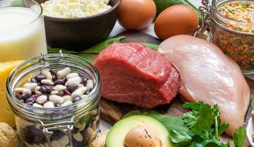 Foods representing B Vitamins including seafood, poultry, eggs, dairy products, legumes, leafy greens, avocado