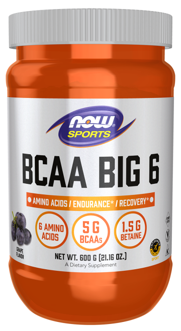 BCAA Big 6, Natural Grape Flavor Powder - 600 g Bottle Front