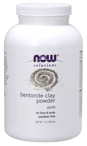 Container of NOW Solutions bentonite clay powder. Pure, for face and body, paraben free. 1 lb., 454 g.