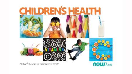 cover of health guide with text CHILDREN'S HEALTH at the top and eight squares under depicting various children's activities (skateboarding, chalk board, colored pencils, nutritious food, crafts)