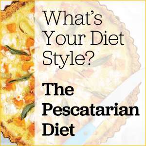 Quiche-like dish with vegetables on top and an overlay that reads What's Your Diet Style? The Pescatarian Diet