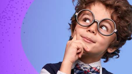 colorful background, boy with glasses thinking