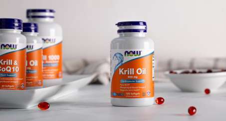 bottles of NOW Krill oil supplements
