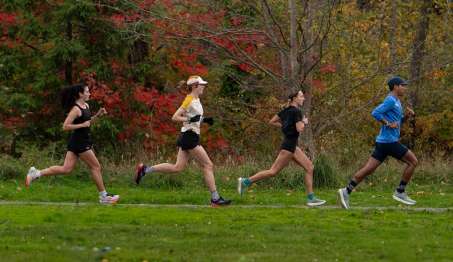 four people running on a trail with fall leaves and green grass