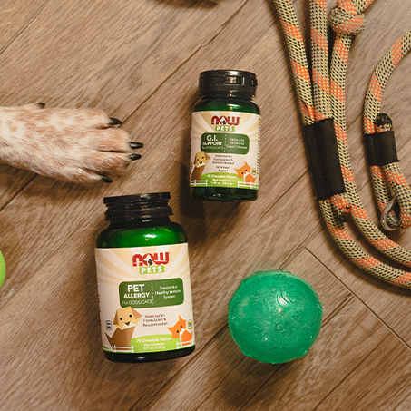 Dog paw next to NOW Pet supplement bottles