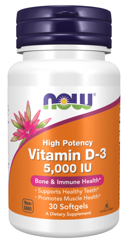 front view of NOW Vitamin D-3 5,000 IU bottle