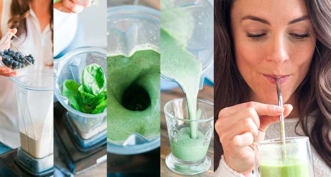 Set of images showing the building of a green smoothie in a blender.