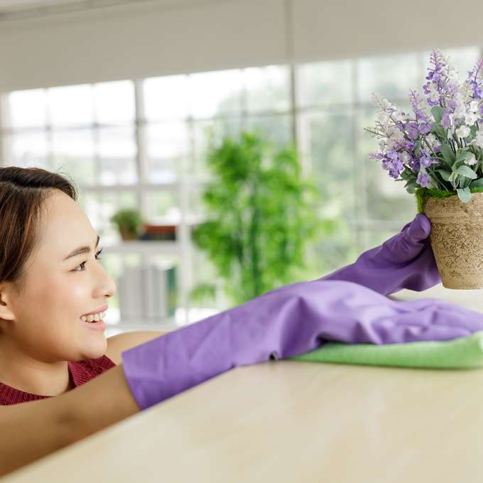 medium skinned female presenting person dusting a counter