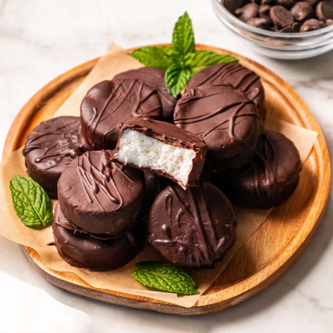 Top view of plate of Coconut Peppermint Patties 
