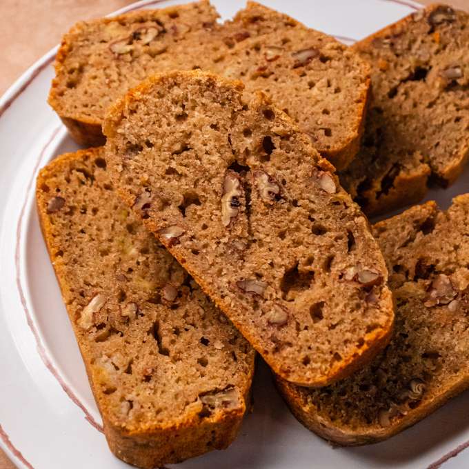 top view of plate of pecan banana nut bread