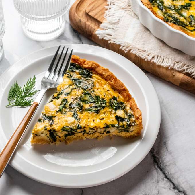 top view of Spinach Feta Quiche with Almond Flour Crust