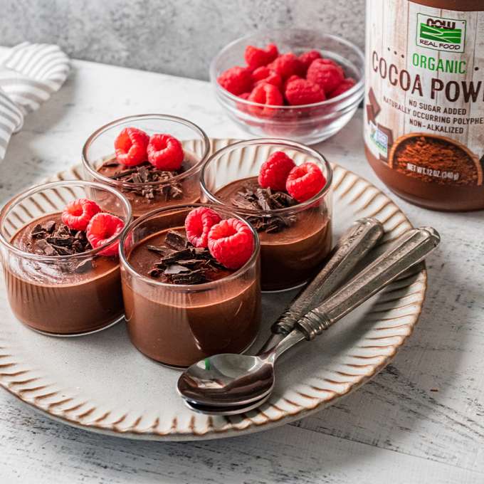 top view of 4 glasses of Vegan Double Chocolate Panna Cotta