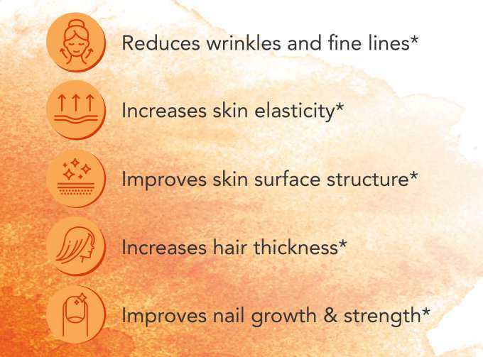 Reduces wrinkles and fine lines* Increases skin elasticity* Improves skin surface structure* Increases hair thickness* Improves nail growth & strength*
